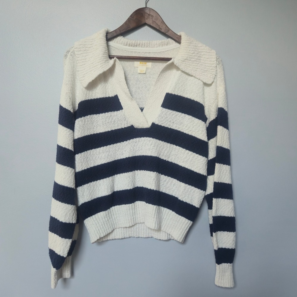 Maeve Anthropologie Striped V-Neck Collared Sweater Navy White Medium OB1438914